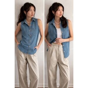 Vintage Bill Blass Jeans Women's Sleeveless Denim Button Down Shirt Vest M